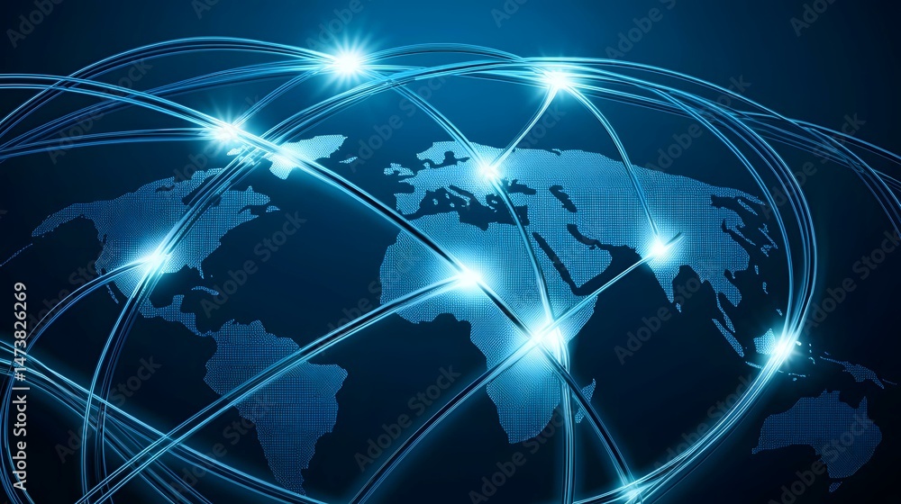 Poster the image shows a digital representation of the world map, illuminated with glowing blue lines that 