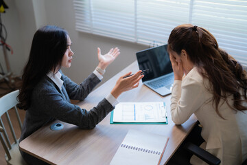 Two businesswomen are having a discussion about a financial report, one of them is explaining...