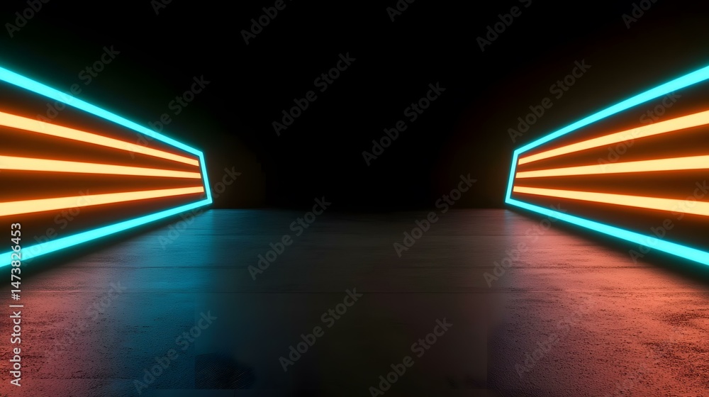 Poster a dark room features two opposing rectangular structures emitting vibrant orange and cyan neon light