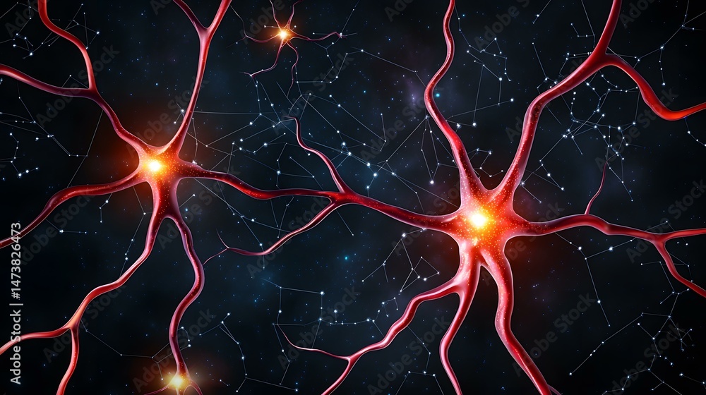 Aufkleber the image shows two neurons connected by synapses, visualized against a dark background resembling a