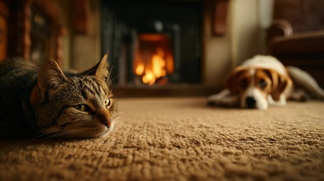 Cinematic video of a tabby cat curled up near a fireplace while a dog stretches on the carpet. The fire glows softly in the background. Peaceful, cozy indoor pet scene with warm, relaxed atmosphere.