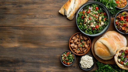 Fresh salad, bread, and savory dishes on wooden table create delightful dining experience