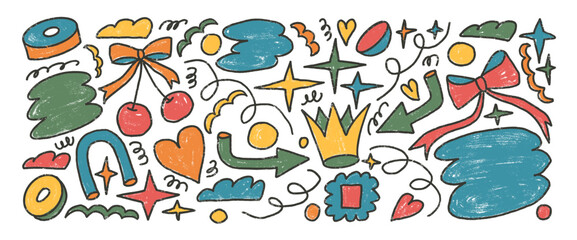 Abstract shapes crayon drawn set. Naive multi colors doodle figures on white background. Crown, cherry, heart and geometric forms sketch elements. Vector childish style illustration by pencil.