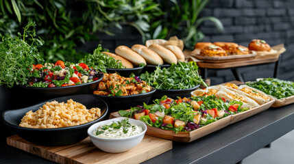 Fresh salad bar with various dishes, including grains, vegetables, and bread options