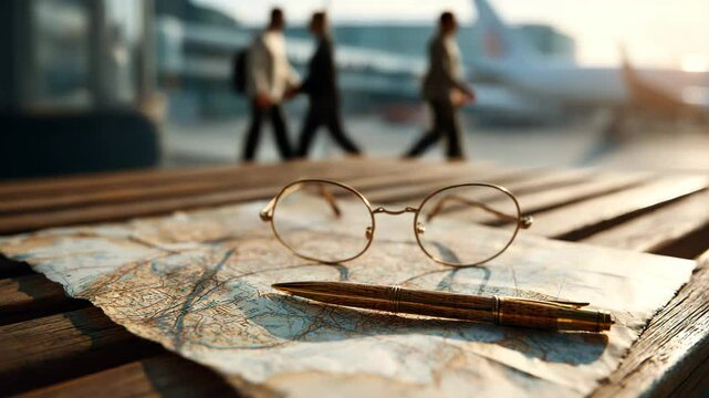 A vintage pen, glasses, and a folded map rest on a wooden bench at the airport. Airplane in background, sunlight casting soft shadows. Quiet travel moment captured in warm natural light