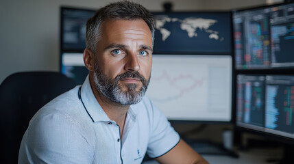 Fototapeta premium Professional finance analyst focused global stock market trends, analyzing data with precision