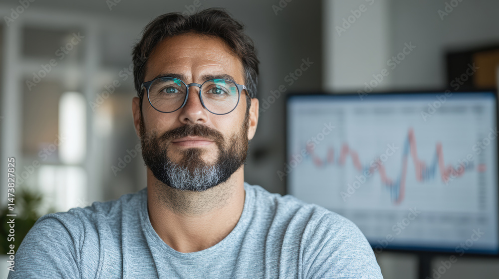 Poster financial analyst studying stock performance with graphs in background