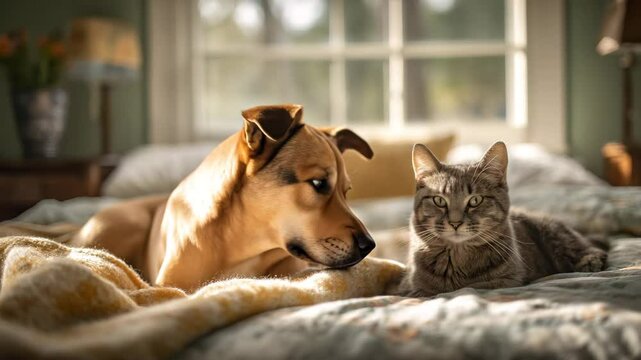 A dog and cat relax on a cozy bed in morning light. The dog stretches, the cat yawns and blinks slowly. Warm sunlight streams through the window, creating a peaceful, homey mood with soft camera still
