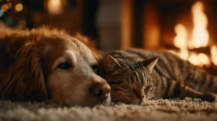 Cinematic 4K video of a dog and cat peacefully sleeping on a fluffy rug near a glowing fireplace. Firelight flickers gently. Calm, cozy moment of warmth, stillness, and domestic comfort. - Powered by Adobe