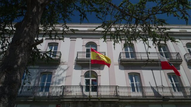Town Hall of Laredo, Cantabria, Spain with Spanish and Cantabrian Flags