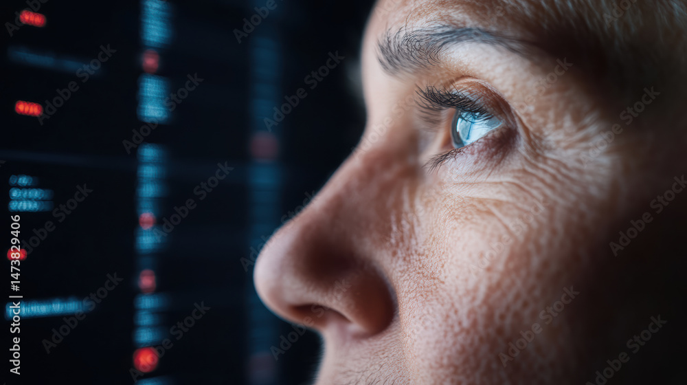 Poster close up of person eye focused digital screen displaying data and information. image conveys