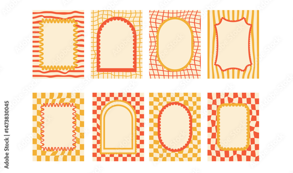 Poster geometric funky scallop text boxes frames set. wavy groovy arch, rectangle borders isolated on check