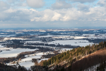 View from hiking trail between Komorni Lhotka and Mala Prasiva in winter Moravskoslezske Beskydy...
