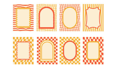 Geometric funky scallop text boxes frames set. Wavy groovy arch, rectangle borders isolated on checkered and uneven lines background. Wobbly y2k decorative callouts. Vector retro blank illustration.