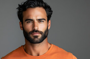 Obraz premium Handsome bearded man in studio shot. Mid adult male model with dark hair looks away. Serious face with beard. Casual orange t-shirt. Copy space, isolated against gray background.