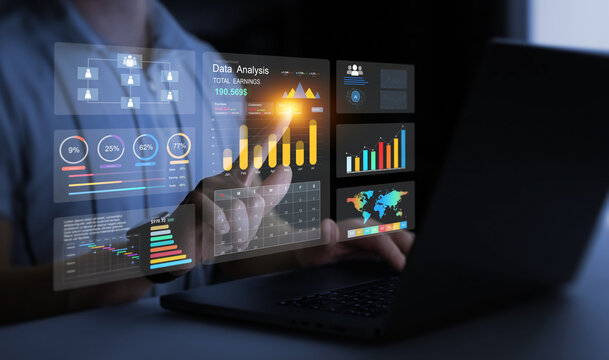 Management data System KPI connected in database for follow earnings,operations and sales data. Businessman using KPI dashboard.Financial business data analytics graph dashboard.