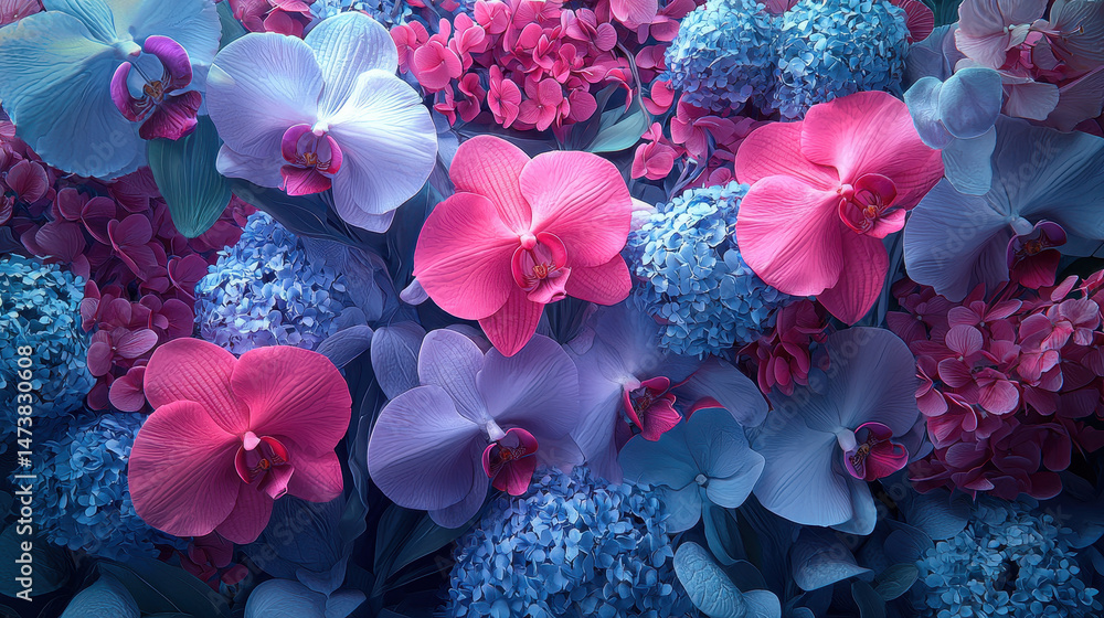 Poster vivid 3d floral background with realistic textures showcasing colorful orchids and hydrangeas creati