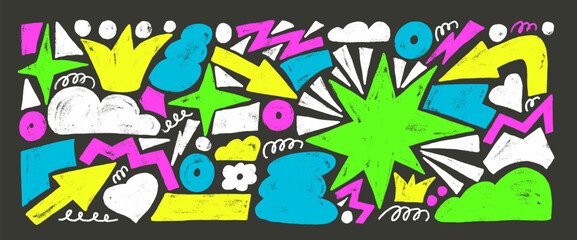 Playful geometric shapes neon crayon drawn set. Stars, crown, arrows and vector figures by highlight marker. Colorful playful stickers doodle on dark background. Graphic hand drawn funky elements.