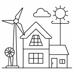 Naklejka premium House with Solar Panels and Wind Turbines Outline Illustration for Eco-Energy and Sustainability Coloring Book Pages