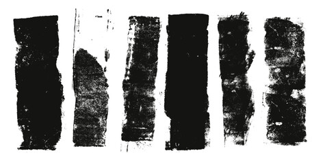 Paint brush strokes set. Linocut texture lines. Ink roller thick stripes background. Grunge letterpress rectangles. Dry black brayer stain isolated on white background. Vector lino illustration.