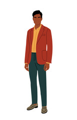 Stylish business man in smart casual clothes standing full length. Handsome male character flat vector colorful illustration isolated on transparent background