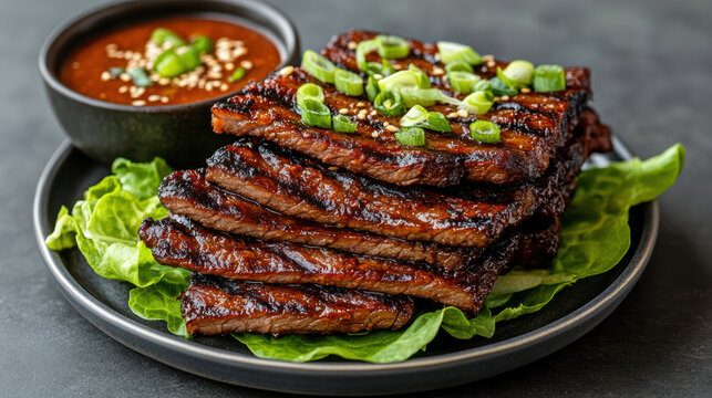 Grilled beef brisket slices served on lettuce with dipping sauce, garnished with green onions