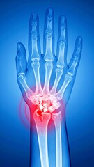 Obraz premium X-Ray Image of a Hand with Wrist Pain and Inflammation Emphasizing Bone Structure and Potential Injury for Medical Diagnostic Purposes
