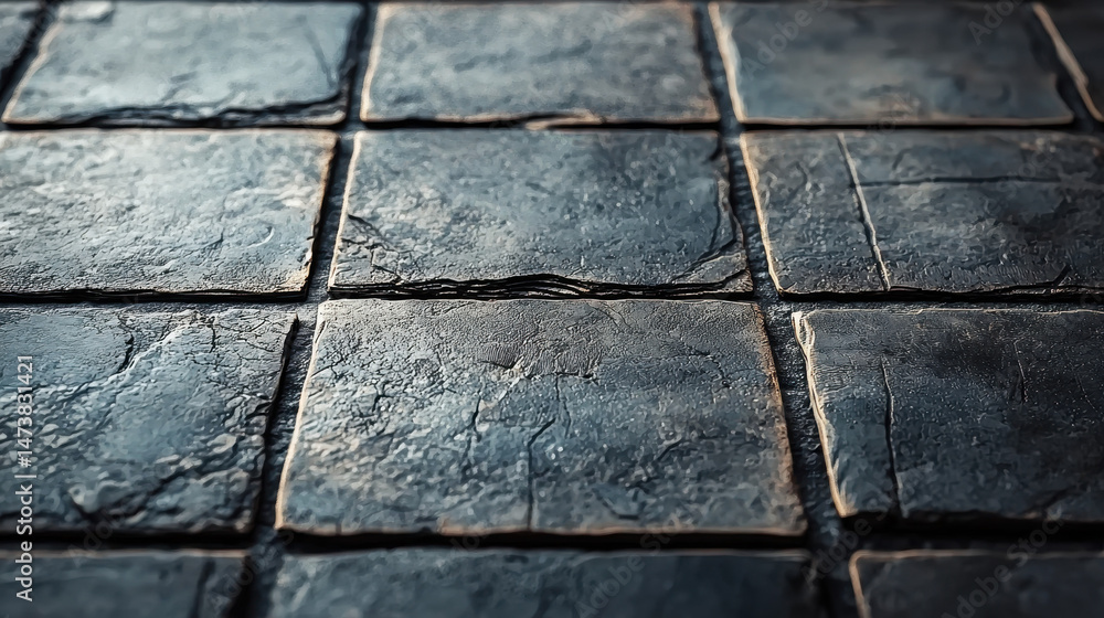 Poster a realistic 4k side angle 3d background visual narrative showcases textured dark stone tiles arrange