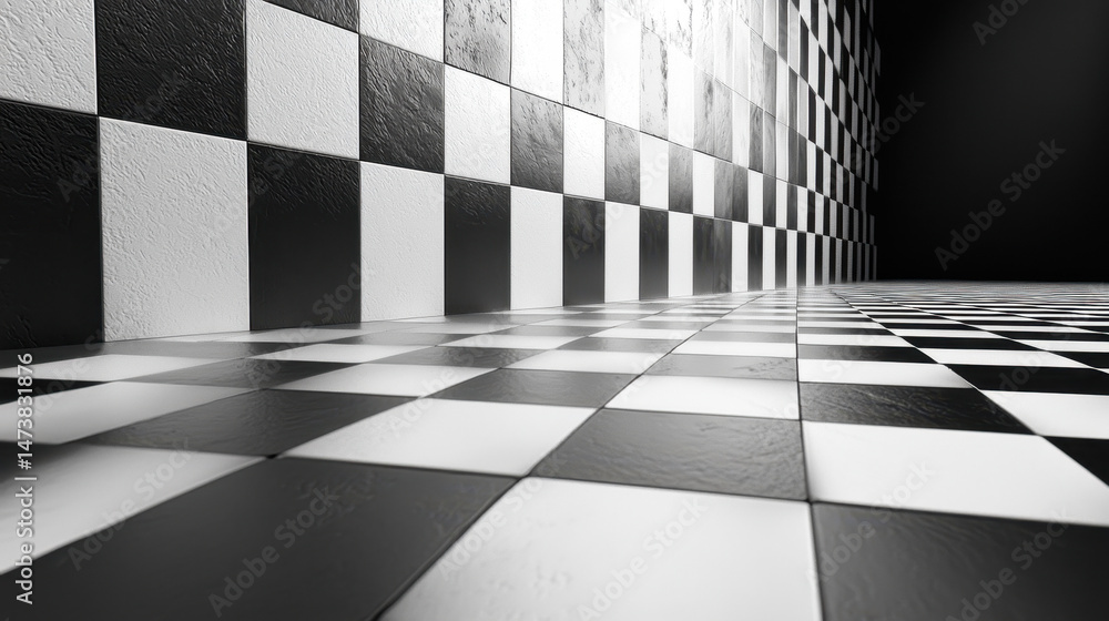 Poster 3d rendered checkered pattern wall and floor extending into depth, with a realistic visual intrigue 