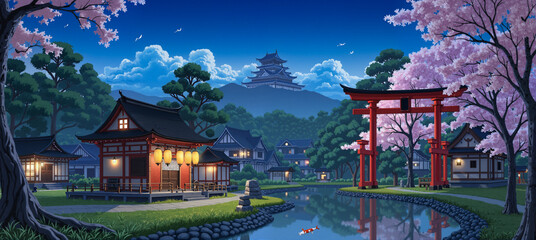 Obraz premium Peaceful Japanese village scene featuring blooming sakura 桜, hanami, historic wooden shrine 神社, iconic red torii 鳥居, distant mountain castle 城, shiro, and harmonious traditional architecture at dusk