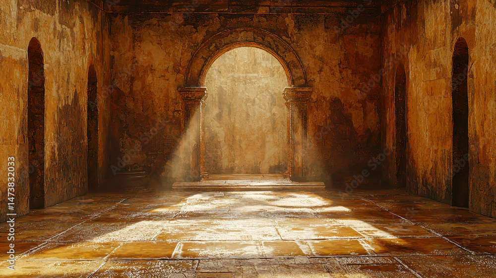 Poster the sun's rays dramatically illuminate a 3d rende of an old, realistic, high resolution room with te
