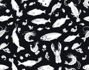 a clean, modern pattern of line drawn seafood items such as fish, shrimp, and lobster