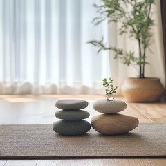 Calm stones on a yoga mat, sunlight