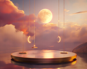 sunset-themed product platform, with artistic golden hooks around, dreamy luxury feel, high resolution