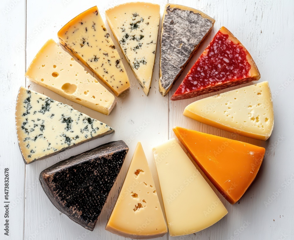Aufkleber assorted cheese slices arranged in a circular pattern on a wooden background with vibrant colors and