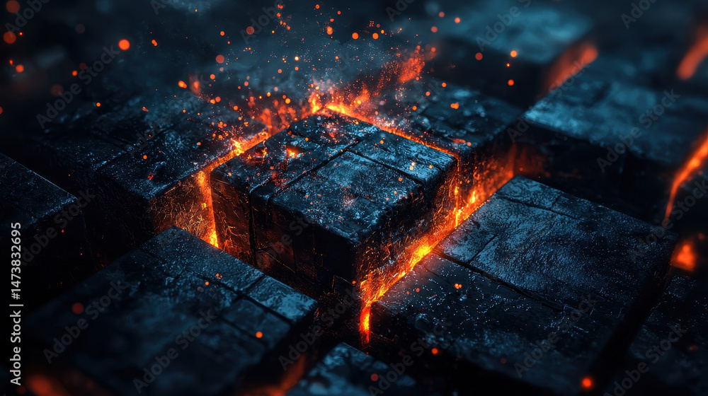 Poster 3d abstract background of fragmented dark cubes with glowing orange edges creating a realistic visua