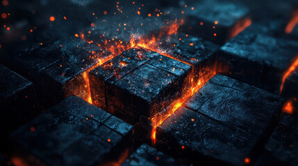3D abstract background of fragmented dark cubes with glowing orange edges creating a realistic visual effect in 4K resolution with a side angle perspective.