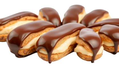 Group of Chocolate Covered Eclairs Filled with Custard on Transparent Background Perfect for Culinary Design Projects and Decoration with Light Brown Pastry and Glossy Chocolate Glaze