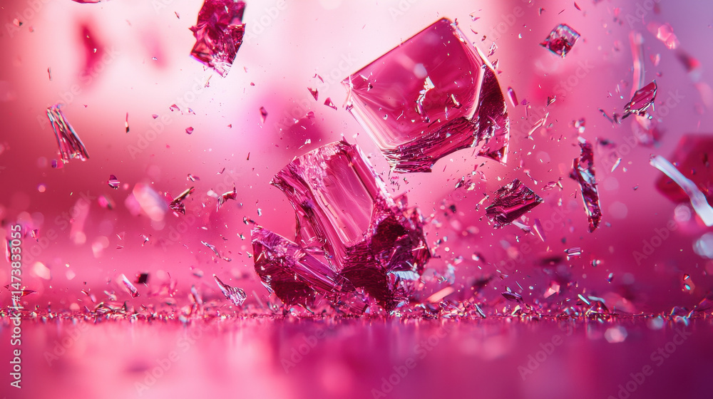 Poster a realistic 4k 3d visual background shows fragmentation of pink glass cubes, creating a beautiful ab