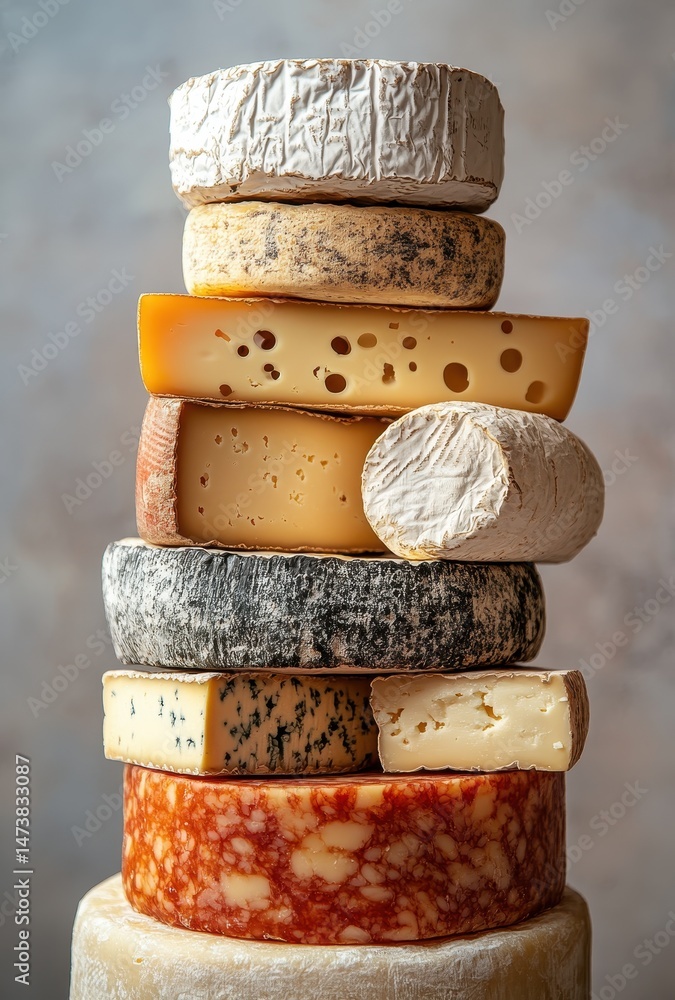 Poster assorted cheese stack with varied textures and colors displayed on neutral background for culinary o