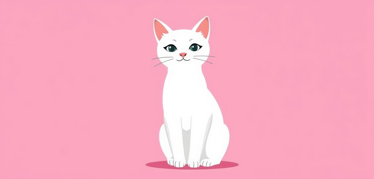 A minimalist illustration of a white cat with simple features on a solid pink background, graphics, cute illustration