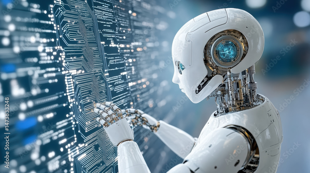 Poster futuristic robot interacting with microchip circuit board, showcasing advanced technology