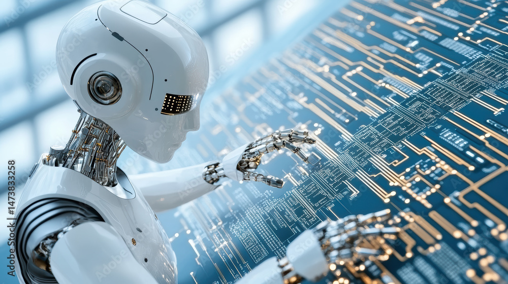 Poster futuristic robot interacting with microchip circuit board, showcasing advanced technology