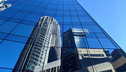 Obraz premium Reflections of modern architecture downtown city urban photography skyscrapers upward perspective contemporary design