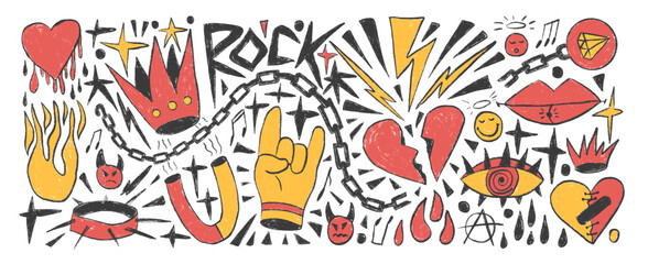 Rock and roll girly crayon drawn set. Punk coquette breaking heart doodle background. Scribble grunge poster elements. Broken heart, crown and sketch stars. Vector illustration by pencil isolated.
