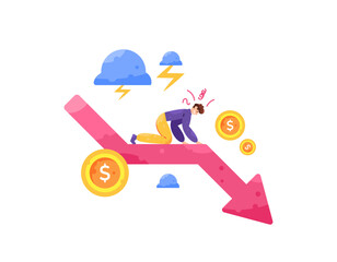 business decline concept. declining revenue, profit, earnings, and sales. losses and problems. illustration of a businessman with his business performance continuing to decline. flat style design