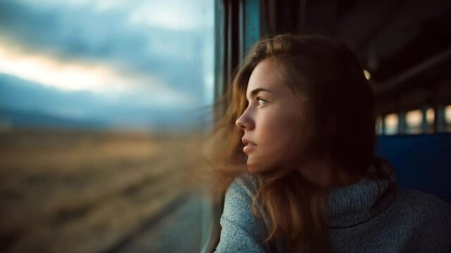 10-second 4K video of a young woman sitting by the window of a moving train. Wind flows through her hair as she looks outside quietly. Cinematic and emotional atmosphere. 
