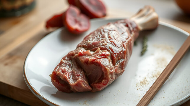 Selective focus on a plate with kurdyuk a raw lamb fat tail