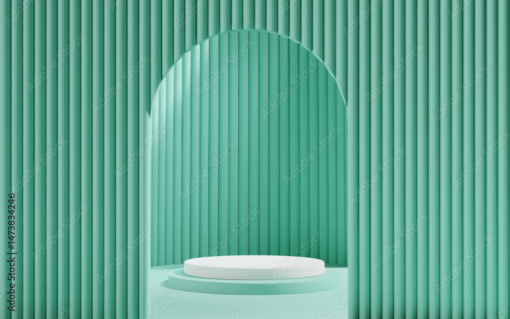 Poster 3d green scene background with white podium and arch gate for product presentation. abstract minimal