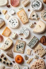 Assorted Cheese Variety with Different Textures and Flavors Arranged Aesthetically on White Background Perfect for Culinary and Gourmet Photography